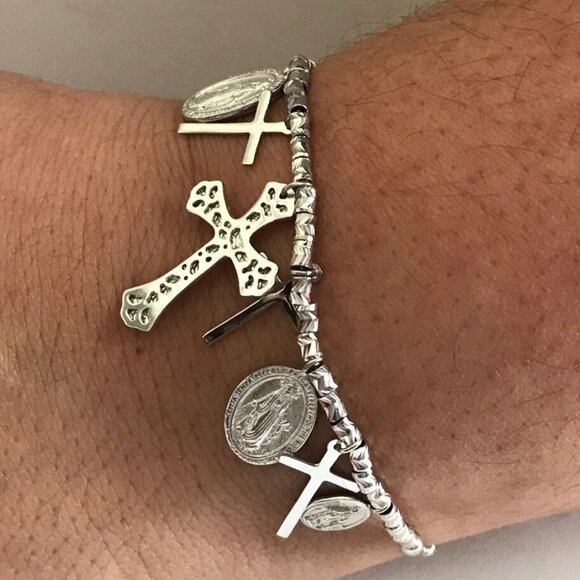 CROSS & MEDALLION CHARM LARIAT BRACELET / 925 STERLING SILVER / 9'' ADJUSTABLE - Picture 2 of 6